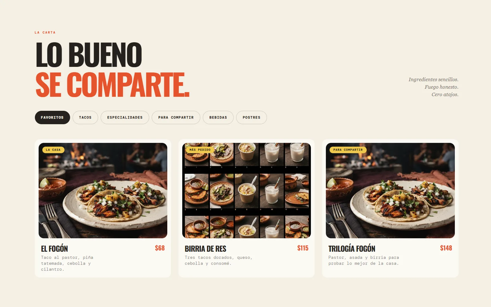 Concepto de sitio para Taquería El Fogón — pantalla 2 de 3